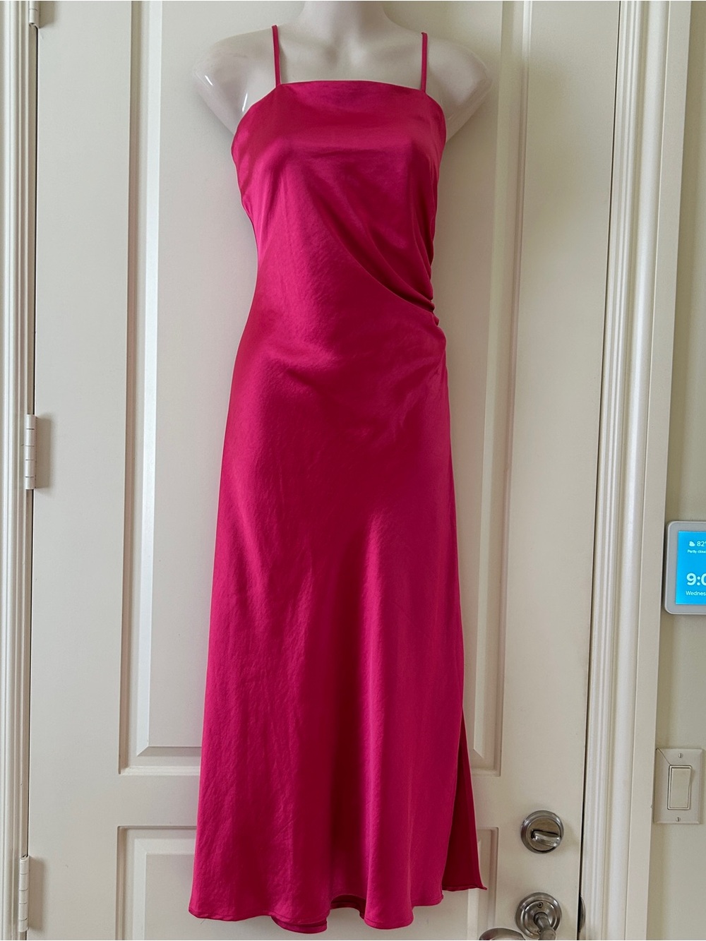 JOIE Raspberry-Pink Satin Midi Slip Dress, Spaghetti Strap, Ruching, Size 6, NWT
